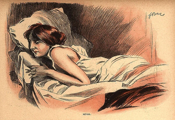 Reveil. This illustration portrays a young woman lying on her front in bed