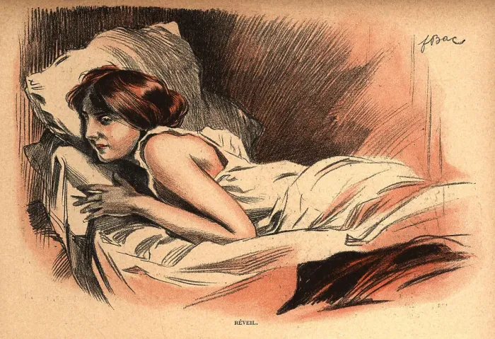 Framed Print : Reveil. This illustration portrays a young woman lying on her front in bed Framed Print : Reveil. This illustration portrays a young woman lying on her front in bed