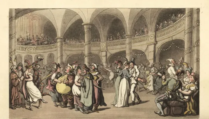 Framed Print : Revellers in costume at a masked ball in a large theater Framed Print : Revellers in costume at a masked ball in a large theater