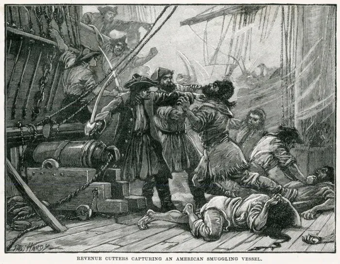 Framed Print : Revenue Cutters capturing an American Smuggling vessel