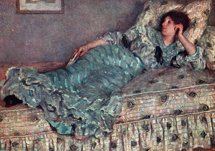 Framed Print : Reverie. This oil painting shows a very relaxed woman Framed Print : Reverie. This oil painting shows a very relaxed woman