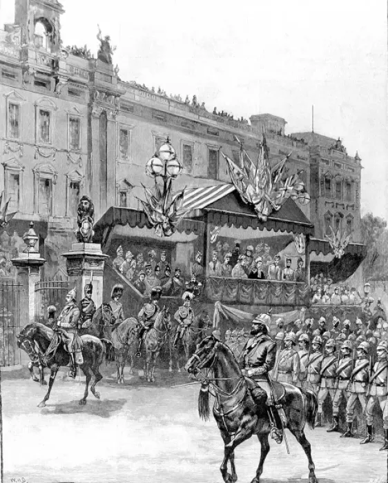 Framed Print : Review of the Volunteer Corps at Buckingham Palace, 1887 Framed Print : Review of the Volunteer Corps at Buckingham Palace, 1887