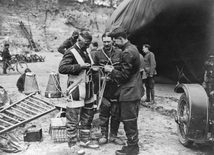 Framed Print : RFA men with parachute equipment, France, WW1 Framed Print : RFA men with parachute equipment, France, WW1