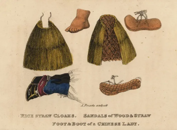 Framed Print : Rice-straw cloak, sandals, Chinese woman s Framed Print : Rice-straw cloak, sandals, Chinese woman s