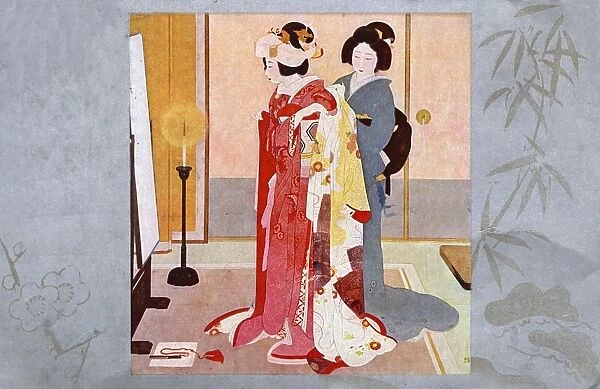Rich Japanese Woman aided with her dressing