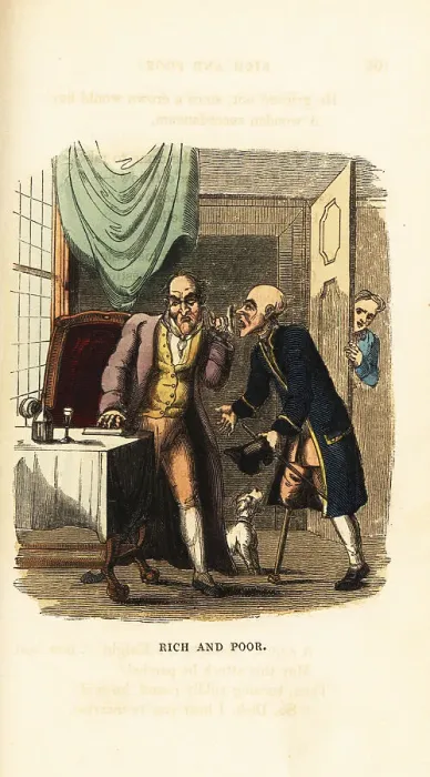 Framed Print : A rich miser listens with an ear trumpet to a poor soldier Framed Print : A rich miser listens with an ear trumpet to a poor soldier
