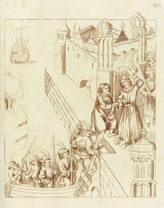 Framed Print : Richard Beauchamp, Earl of Warwick, is received at a quay by his cousin, Robert, Duke of Bar. In the background, a walled town, or possibly a palace. Date: 1408 Framed Print : Richard Beauchamp, Earl of Warwick, is received at a quay by his cousin, Robert, Duke of Bar. In the background, a walled town, or possibly a palace. Date: 1408