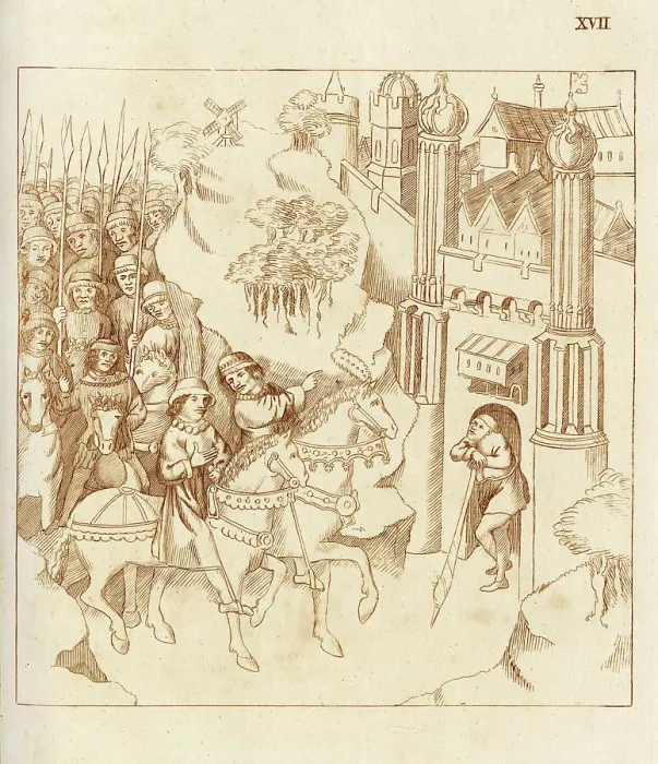 Framed Print : Richard Beauchamp, Earl of Warwick, and his cousin the Duke of Bar ride together to Paris, the king of France there then being present. Date: C.1408