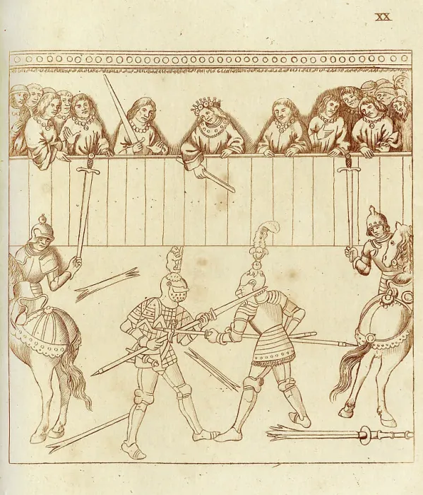 Framed Print : Richard Beauchamp, Earl of Warwick, in single combat with Pandolfo III Malatesta, both on foot with pole axes, before Galeas of Mantua. Date: C.1408 Framed Print : Richard Beauchamp, Earl of Warwick, in single combat with Pandolfo III Malatesta, both on foot with pole axes, before Galeas of Mantua. Date: C.1408