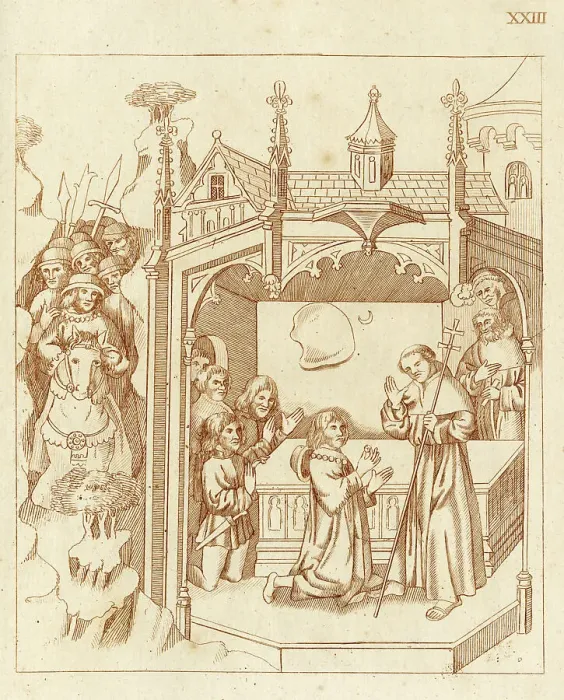 Framed Print : Richard Beauchamp, Earl of Warwick, and his company arrive at the Holy Sepulchre in Jerusalem; Beauchamp kneels before the tomb in the Chapel of the Holy Sepulchre and makes an offering to a friar. Date: C.1409 Framed Print : Richard Beauchamp, Earl of Warwick, and his company arrive at the Holy Sepulchre in Jerusalem; Beauchamp kneels before the tomb in the Chapel of the Holy Sepulchre and makes an offering to a friar. Date: C.1409