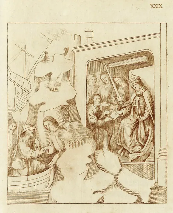 Framed Print : Richard Beauchamp, Earl of Warwick, arrives back in England; a court scene, with King Henry V receiving news of the Lollard rebellion of 1414. Date: 1414 Framed Print : Richard Beauchamp, Earl of Warwick, arrives back in England; a court scene, with King Henry V receiving news of the Lollard rebellion of 1414. Date: 1414