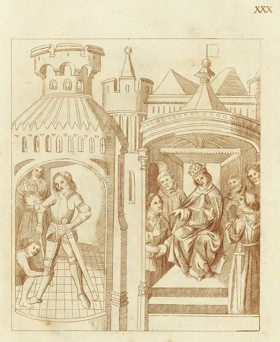 Framed Print : Richard Beauchamp, Earl of Warwick, arms himself for battle to put down the Lollard uprising; King Henry V sitting in council. Date: 1414 Framed Print : Richard Beauchamp, Earl of Warwick, arms himself for battle to put down the Lollard uprising; King Henry V sitting in council. Date: 1414