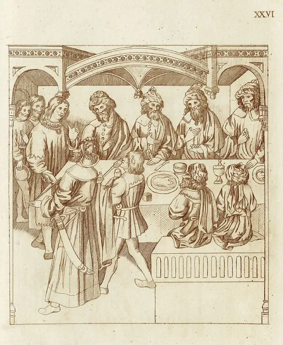 Framed Print : Richard Beauchamp, Earl of Warwick's banquet for Sir Baltirdam and his men, with Beauchamp giving his guests English cloth. Date: C.1409 Framed Print : Richard Beauchamp, Earl of Warwick's banquet for Sir Baltirdam and his men, with Beauchamp giving his guests English cloth. Date: C.1409