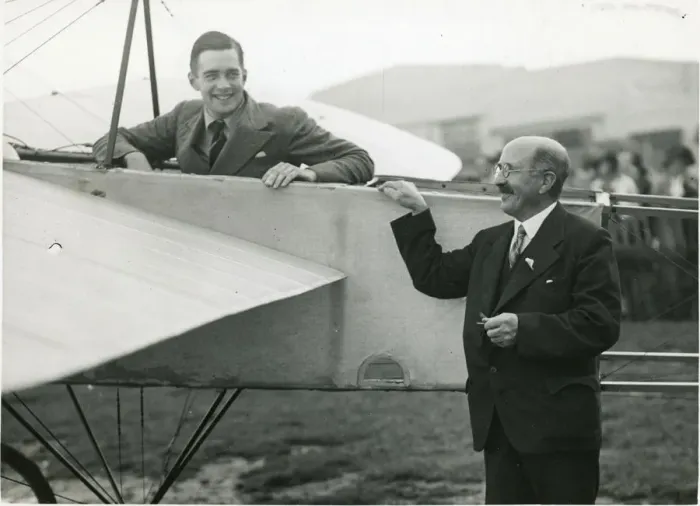Framed Print : Richard Shuttleworth in the restored Blriot with Mr A. ? Framed Print : Richard Shuttleworth in the restored Blriot with Mr A. ?