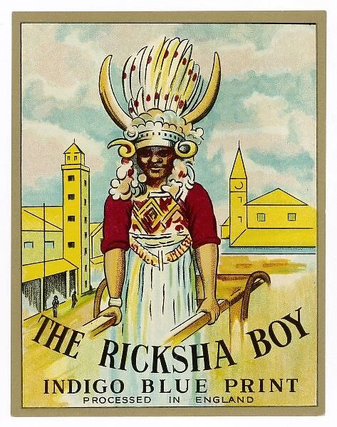Ricksha Boy Label. Ricksha Boy - in traditional plumed headdress - on a product label