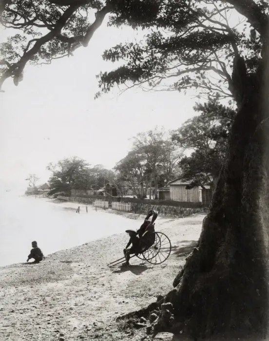 Framed Print : Rickshaw on beach, Honmuku, Yokohama, Japan Framed Print : Rickshaw on beach, Honmuku, Yokohama, Japan