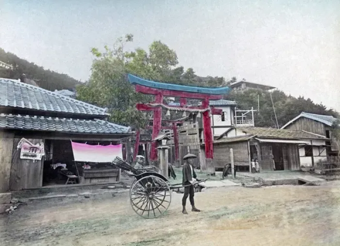 Framed Print : Rickshaw at Suwayama Temple, Kobe, Japan, circa 1880s Framed Print : Rickshaw at Suwayama Temple, Kobe, Japan, circa 1880s