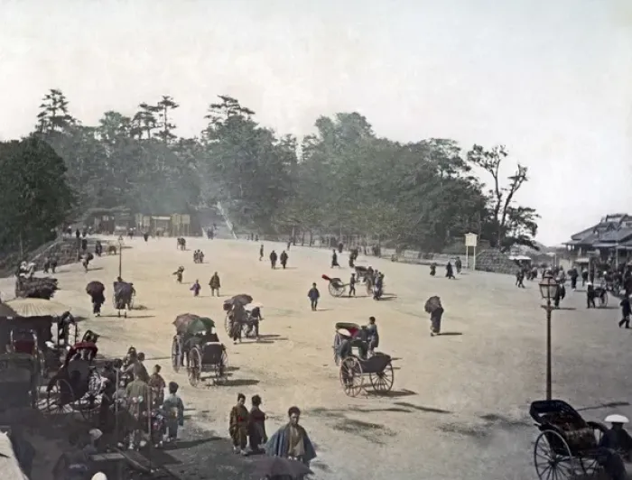 Framed Print : Rickshaws in a public square, Japan, circa 1890 Framed Print : Rickshaws in a public square, Japan, circa 1890