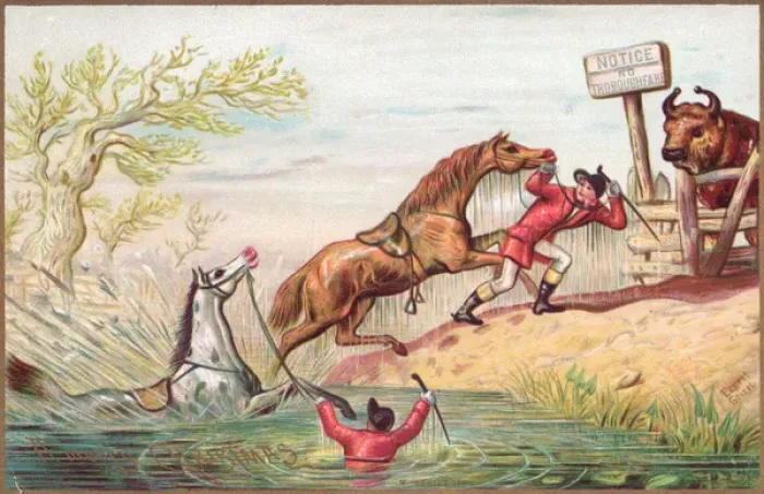 Framed Print : Riders and horses in the water on a Christmas card Framed Print : Riders and horses in the water on a Christmas card