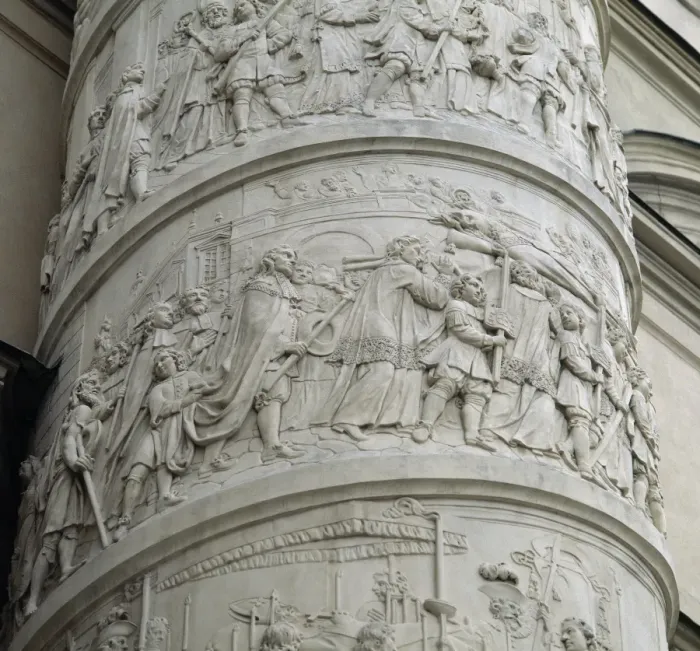 Framed Print : Right column with reliefs depicting scenes from the life of