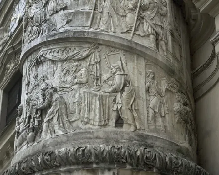 Framed Print : Right column with reliefs depicting scenes from the life of Framed Print : Right column with reliefs depicting scenes from the life of