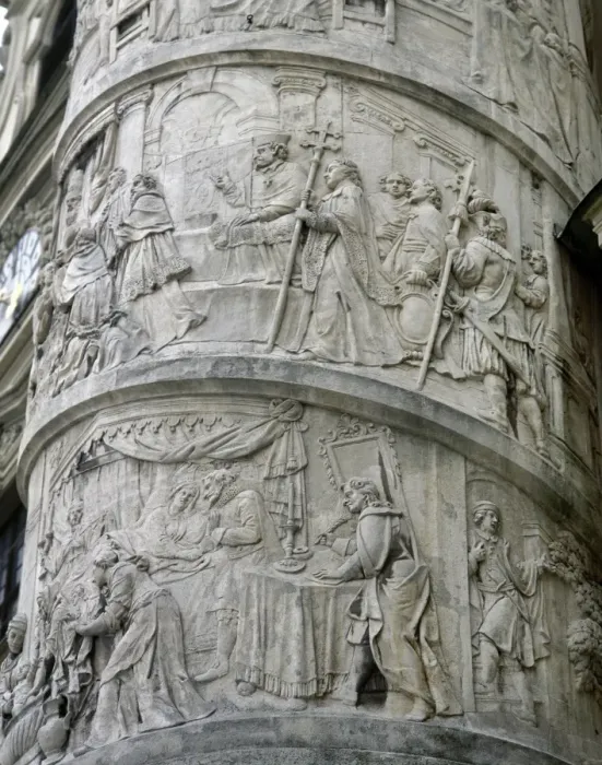 Framed Print : Right column with reliefs depicting scenes from the life of Framed Print : Right column with reliefs depicting scenes from the life of