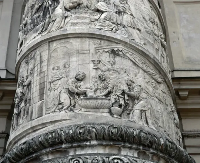 Framed Print : Right column with reliefs depicting scenes from the life of Framed Print : Right column with reliefs depicting scenes from the life of