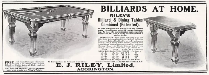 Framed Print : Riley's Billiard Tables, available in different sizes for private homes in mahogany wood. Date: 1904 Framed Print : Riley's Billiard Tables, available in different sizes for private homes in mahogany wood. Date: 1904