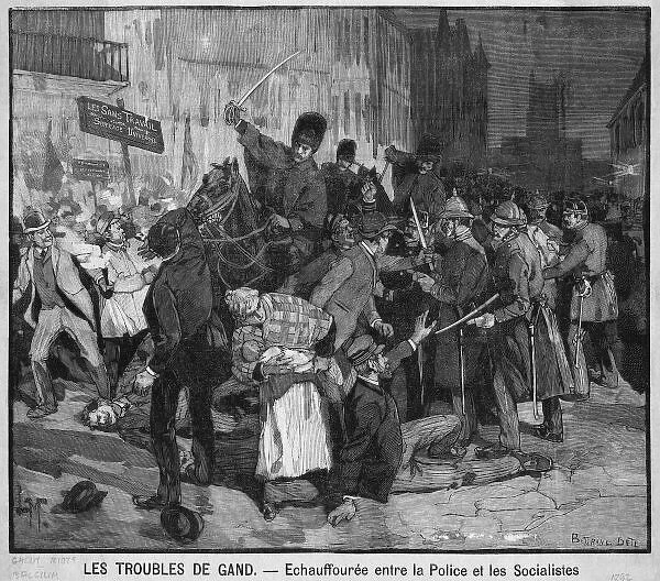 Riots in Ghent 1892. Police and mounted troops clash with socialist rioters in Ghent