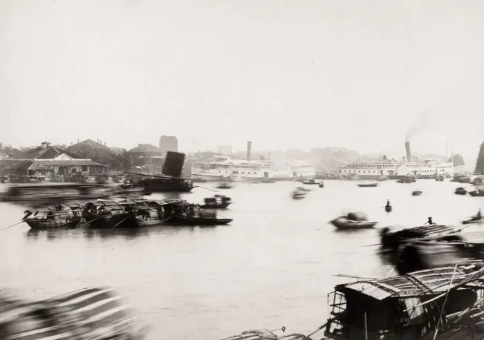 Framed Print : River, boats and steamer, likely Canton, Gunagzhou, China Framed Print : River, boats and steamer, likely Canton, Gunagzhou, China