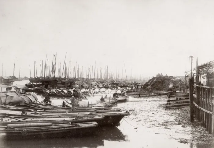 Framed Print : River boats tied up a a weharf, China Framed Print : River boats tied up a a weharf, China