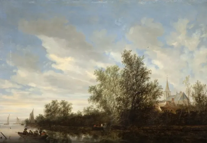 Framed Print : River Landscape with Figures in Boats and Church in the Dist Framed Print : River Landscape with Figures in Boats and Church in the Dist