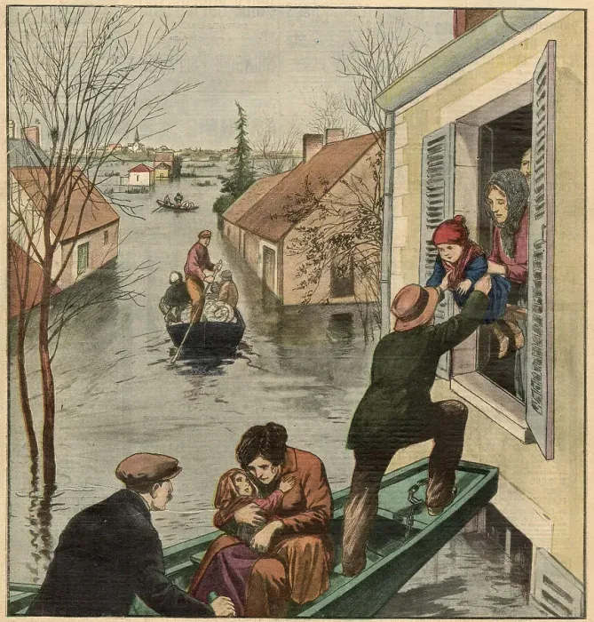 Framed Print : The river Loire overflows its banks in France, forcing people to travel the flooded roads by boat Date: 1923 Framed Print : The river Loire overflows its banks in France, forcing people to travel the flooded roads by boat Date: 1923