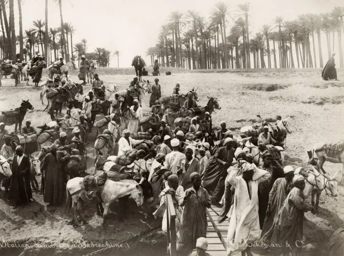 Framed Print : River Nile, Egypt, crowd of men with mules and donkeys Framed Print : River Nile, Egypt, crowd of men with mules and donkeys
