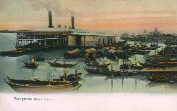Framed Print : River scene with boats, Rangoon, Burma Framed Print : River scene with boats, Rangoon, Burma