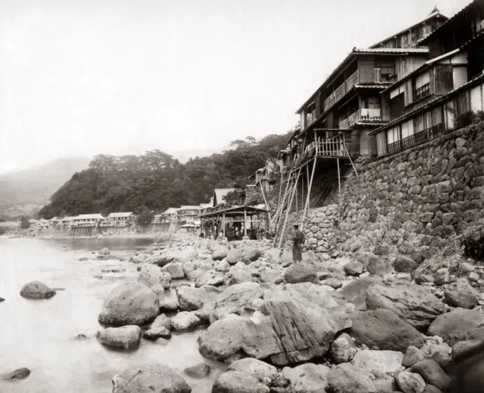 Framed Print : River scene, Obama, Japan circa 1890. Date: circa 1890 Framed Print : River scene, Obama, Japan circa 1890. Date: circa 1890