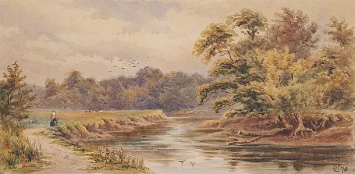 Framed Print : River Scene with Trees and Woman on Towpath Framed Print : River Scene with Trees and Woman on Towpath