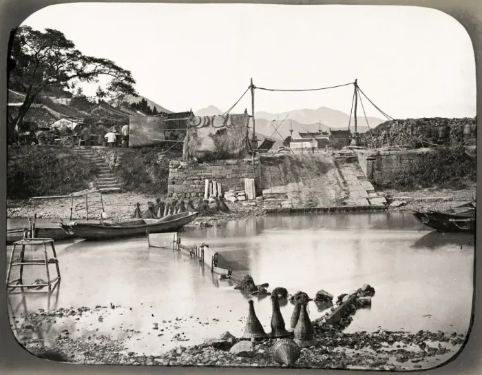 Framed Print : River scene, wharves with boat, near Shanghai, China Framed Print : River scene, wharves with boat, near Shanghai, China