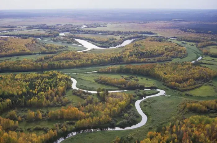 Framed Print : River Sosva meanders, forest and meadows (used Framed Print : River Sosva meanders, forest and meadows (used