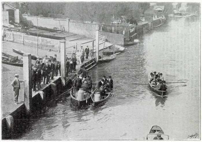 Framed Print : The River Thames in conservancy boats with tins containing the young salmon on their way to the the Weir. Date: 1901 Framed Print : The River Thames in conservancy boats with tins containing the young salmon on their way to the the Weir. Date: 1901