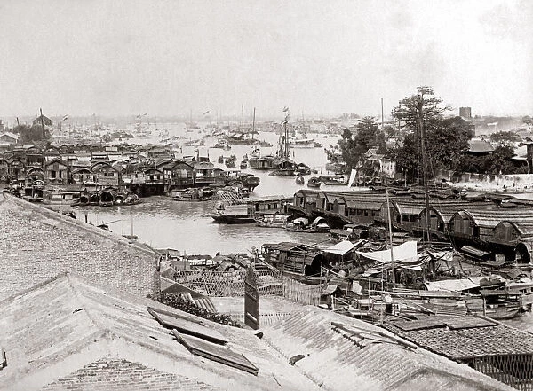 River view, Canton (Guangzhou) China, circa 1890s. Date: circa 1890s