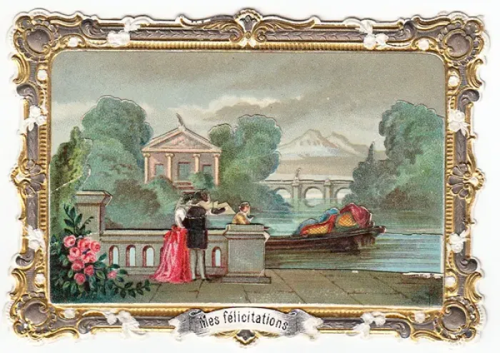 Framed Print : Riverside scene on a French congratulations card Framed Print : Riverside scene on a French congratulations card