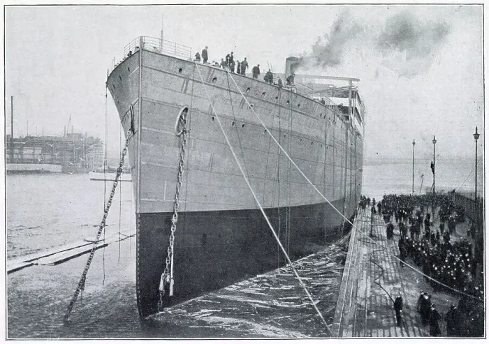Framed Print : RMS Baltic, the world's largest ship until May 1906. Designed as a cargo boat as well as to carry 2, 000 passengers. Photograph showing the steamer brought up alongside the jetty. Date: 21st November 1903 Framed Print : RMS Baltic, the world's largest ship until May 1906. Designed as a cargo boat as well as to carry 2, 000 passengers. Photograph showing the steamer brought up alongside the jetty. Date: 21st November 1903