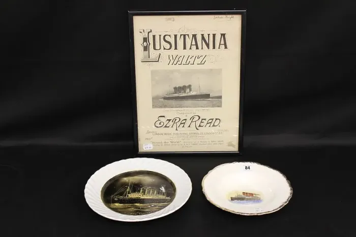 Framed Print : RMS Lusitania - musical score, plate and bowl Framed Print : RMS Lusitania - musical score, plate and bowl