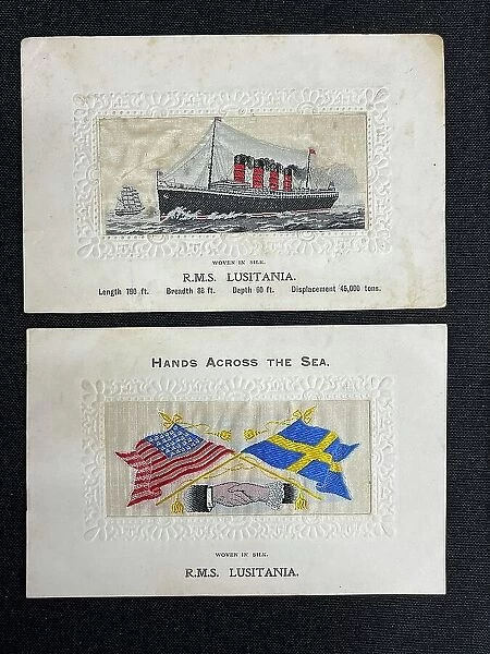 Two RMS Lusitania silk postcards