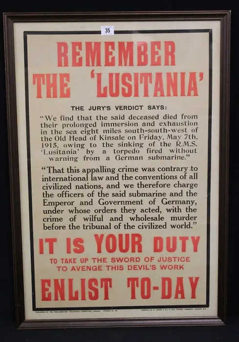 Framed Print : RMS Lusitania - WW1 recruitment poster Framed Print : RMS Lusitania - WW1 recruitment poster