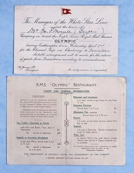 RMS Olympic invitation, restaurant card