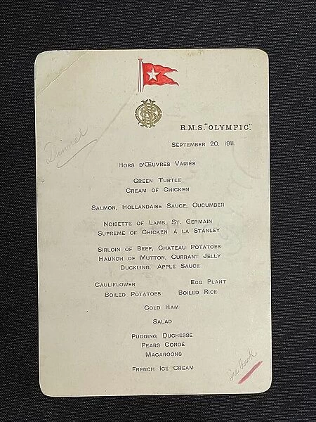 RMS Olympic, signed First Class dinner menu