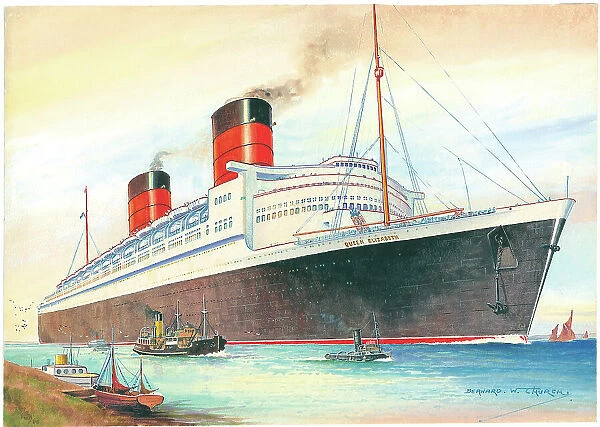 RMS Queen Elizabeth Ocean Liner Shipping Watercolour