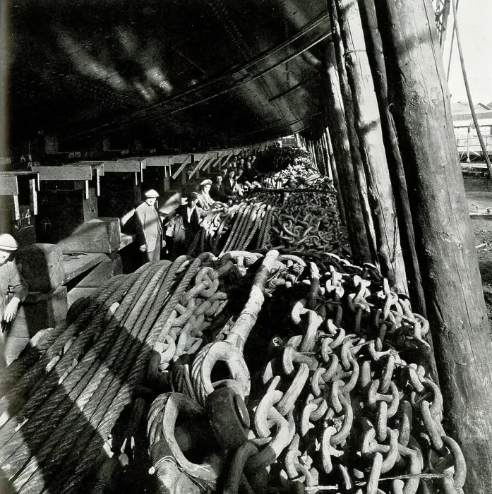 Framed Print : RMS Queen Mary, coils of chains piled under hull Framed Print : RMS Queen Mary, coils of chains piled under hull